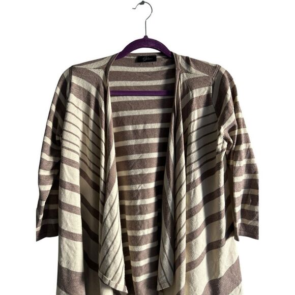 Cyrus Cream Brown Striped Asymmetrical Open afront Cardigan Size M Contemporary - Picture 2 of 10